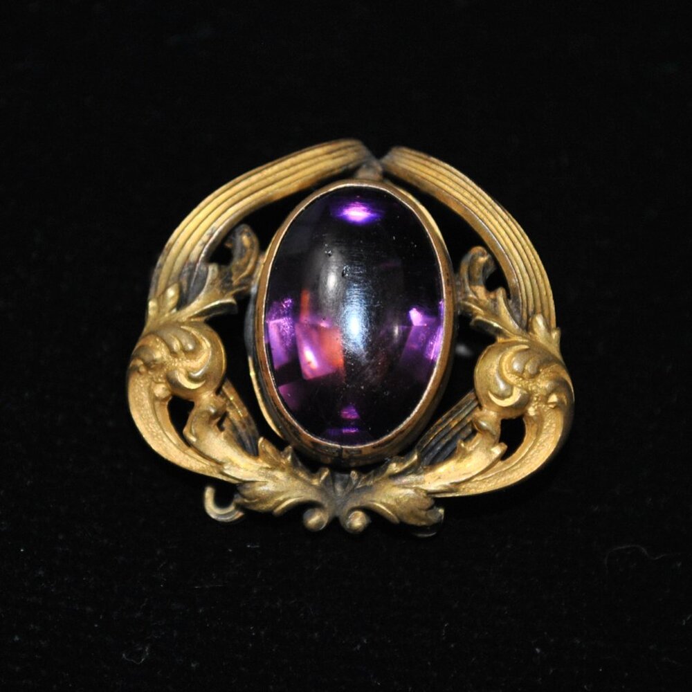 Antique Art Nouveau Brooch with Amethyst Glass and Watch Loop